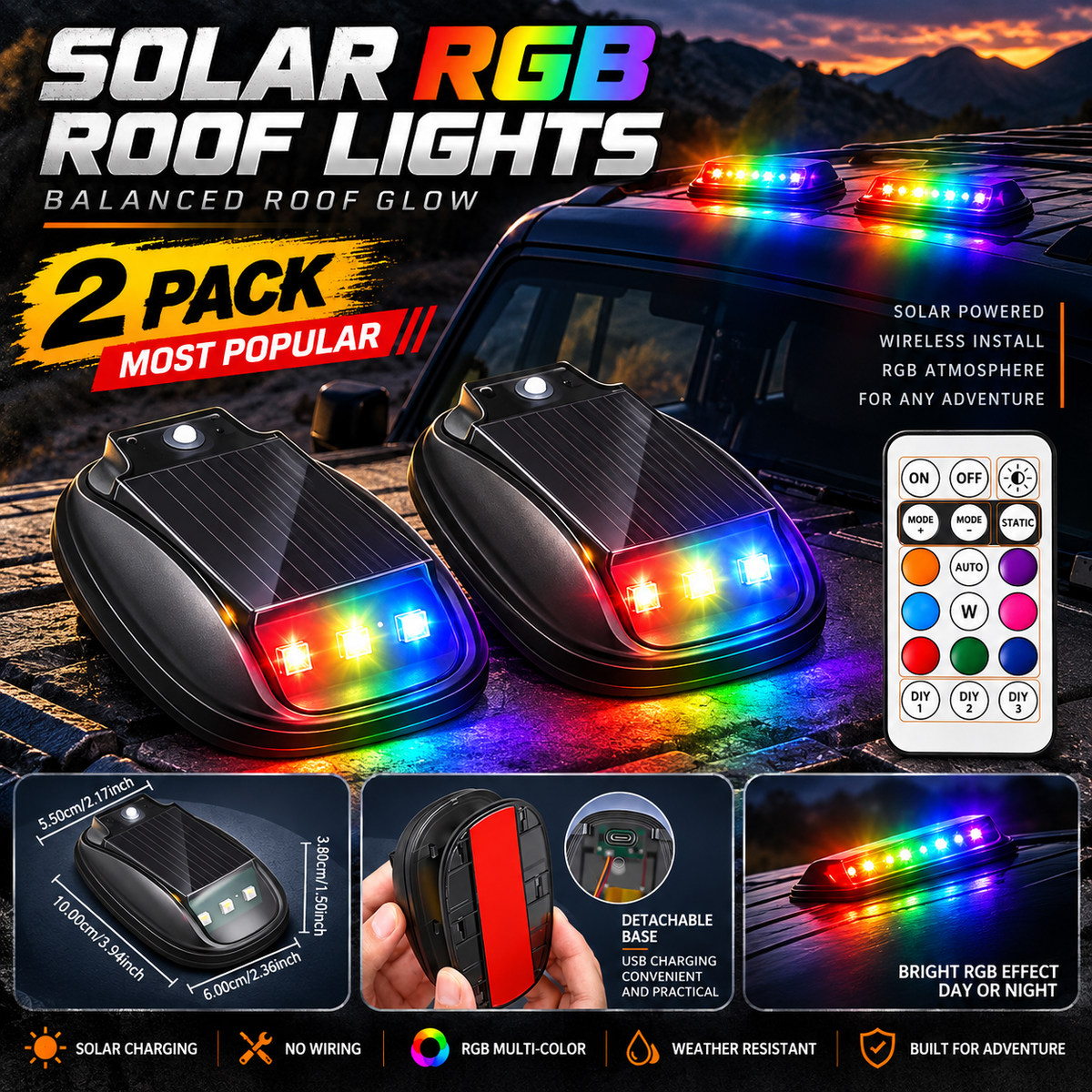 🔆Solar RGB Roof Lights 🌙with Wireless Remote, Waterproof Design & Easy Install