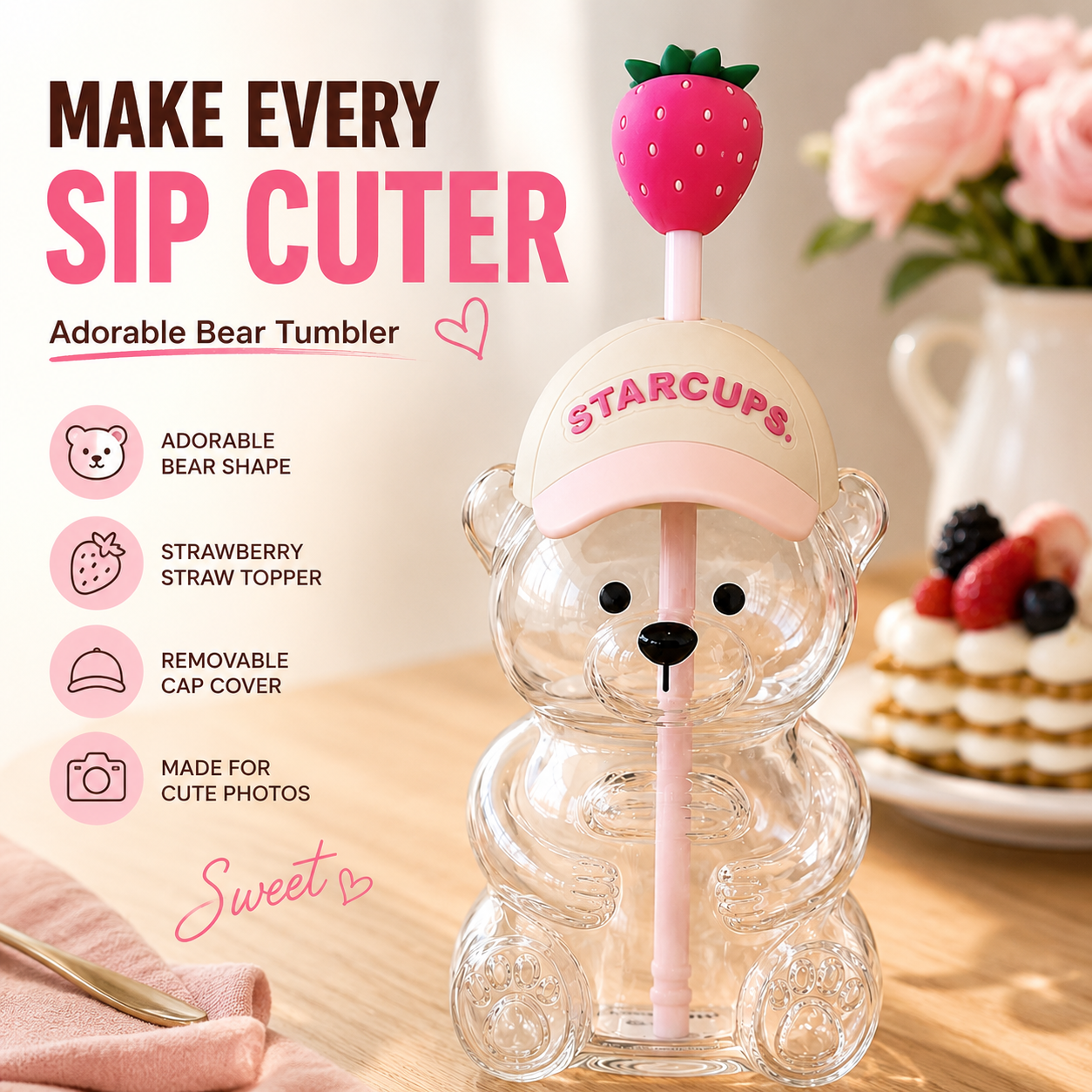 ✨ 20oz Aesthetic Bear Glass Tumbler with Strawberry Straw 🍓