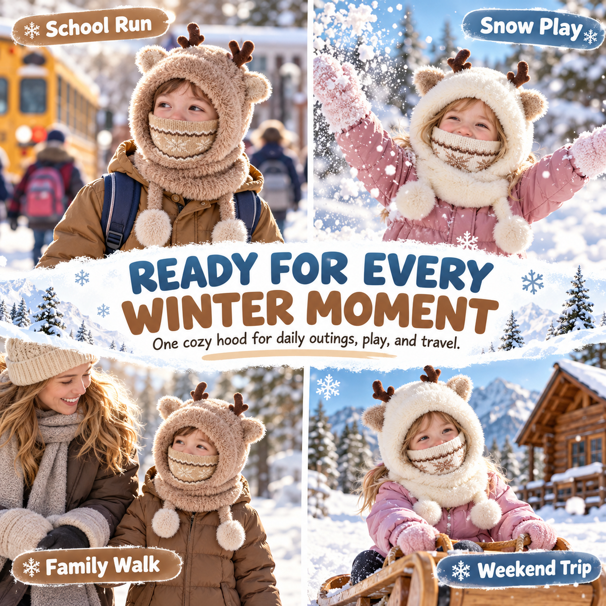 Cute Antler Kids Thermal Hooded Scarf & Face Mask Set 🦌