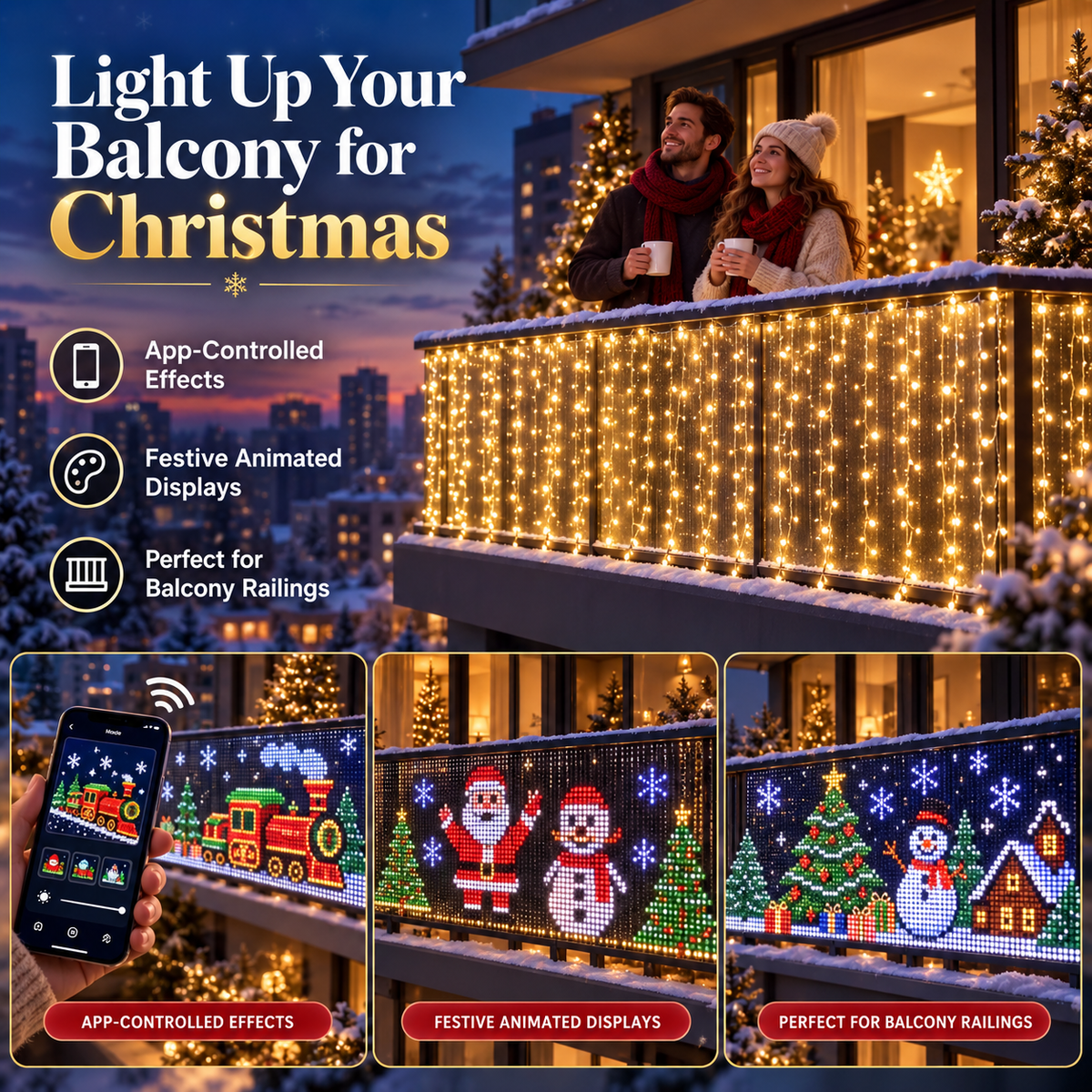 🎄 Smart RGB Pixel Curtain Lights – App-Controlled Animated Holiday Display for Balcony & Window Decor-3m*3m
