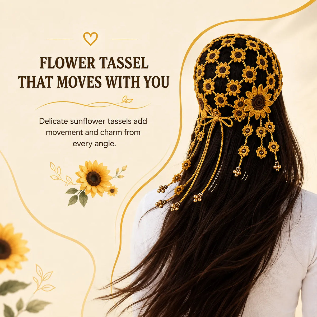 Handcrafted Floral Crochet Baseball Cap | Hollow-Out Knit Boho Hat with Hanging Tassels