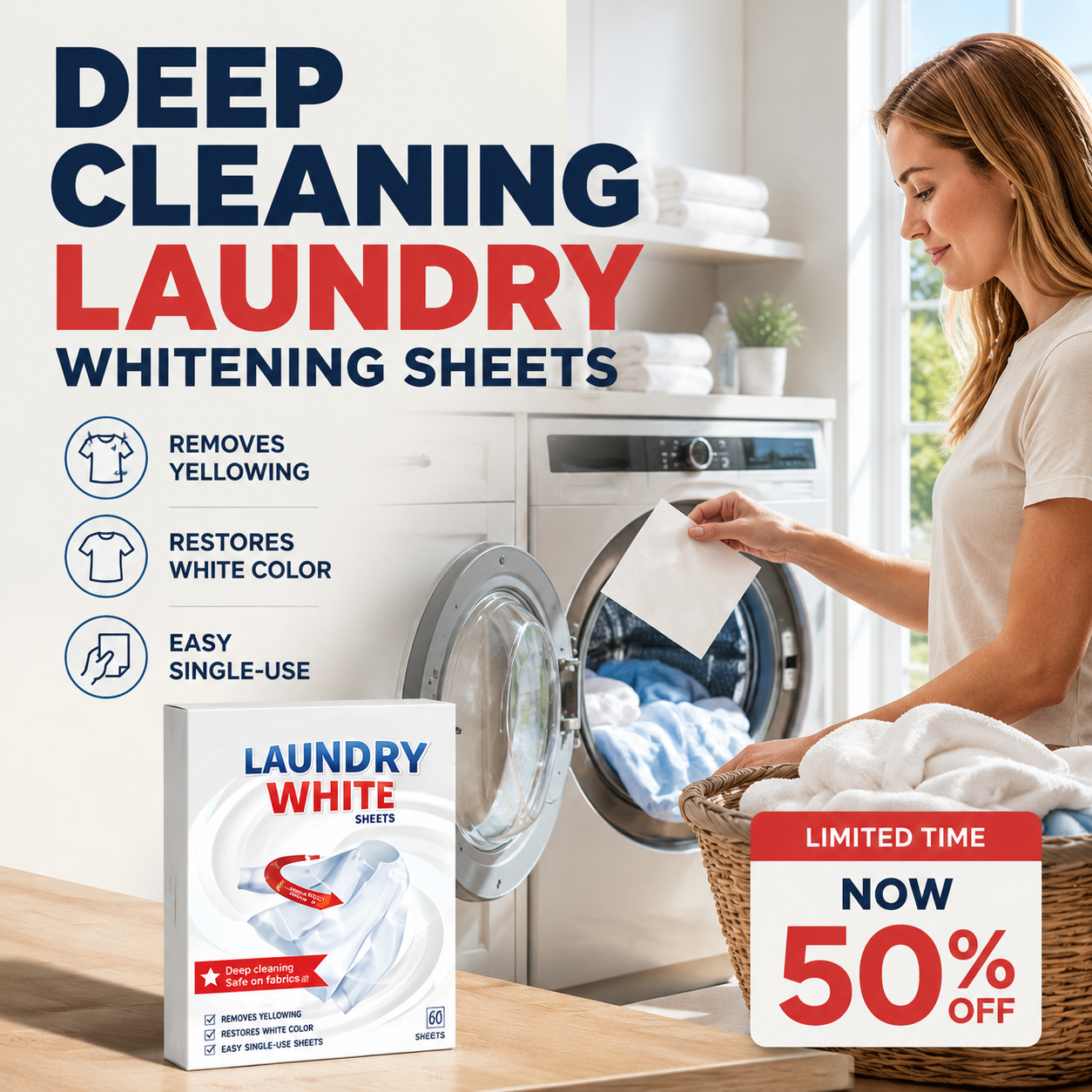 🤍 Laundry Whitening Sheets for White Clothes – Deep Stain & Yellowing Remover, Easy Toss-and-Wash Laundry Booster ✨