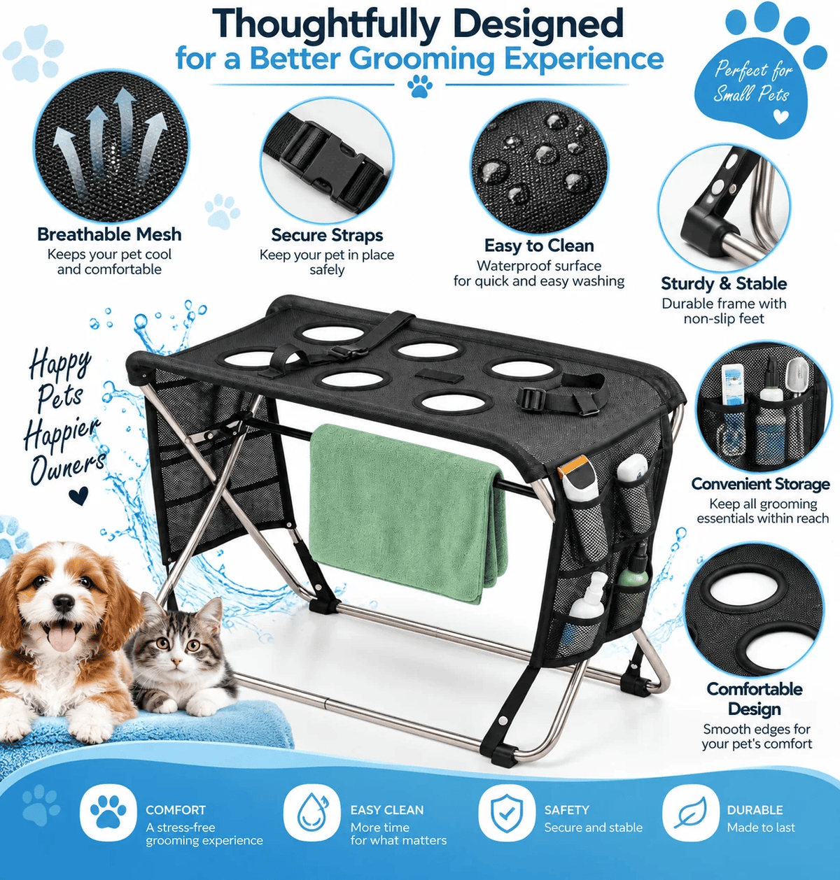 Folding Pet Grooming Hammock Quick Dry Mesh Anti-Scratch Pet Bathing Rack Multi Hole Detachable Dog Grooming Table Cat Grooming