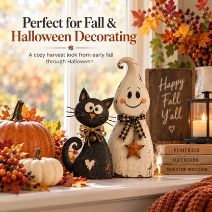 🐈‍⬛ Ghost & Black Cat Halloween Figurines – Vintage-Inspired Decor