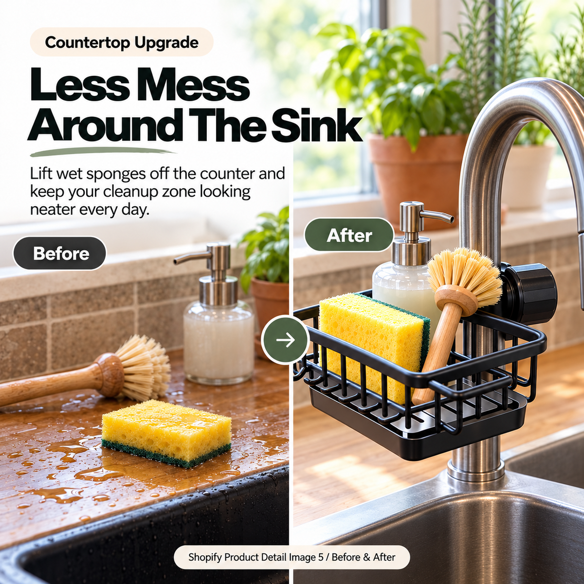 🧽Faucet-Mounted Kitchen Sink Organizer – Adjustable No-Drill Sponge & Brush Holder with Removable Drip Tray