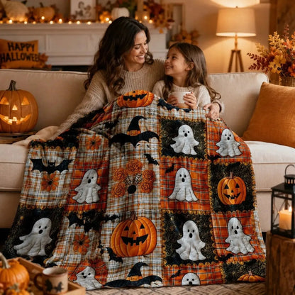 🎃🔥Halloween Pumpkin & Bat Flannel Throw Blanket, Soft Lightweight Cozy Blanket for Sofa & Bed