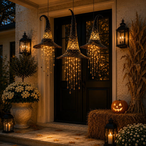 Lighted Witch Hat Set with Cascading Stars
