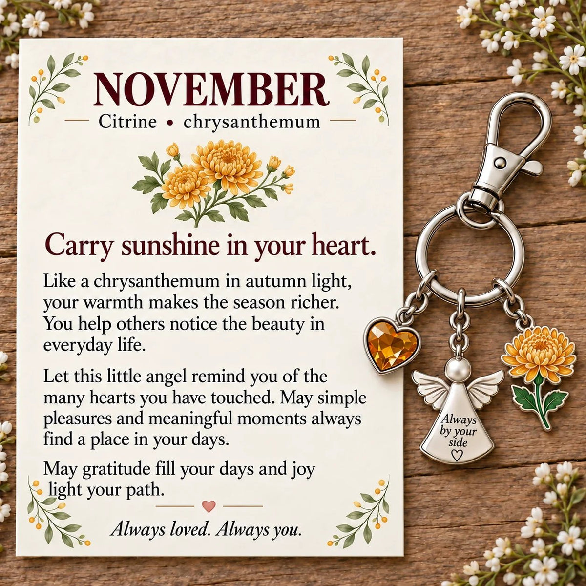 🔥Last Day Only＄13.99👼 Always By Your Side: Birth Month Angel & Flower Keychain + Keepsake Card 🌸