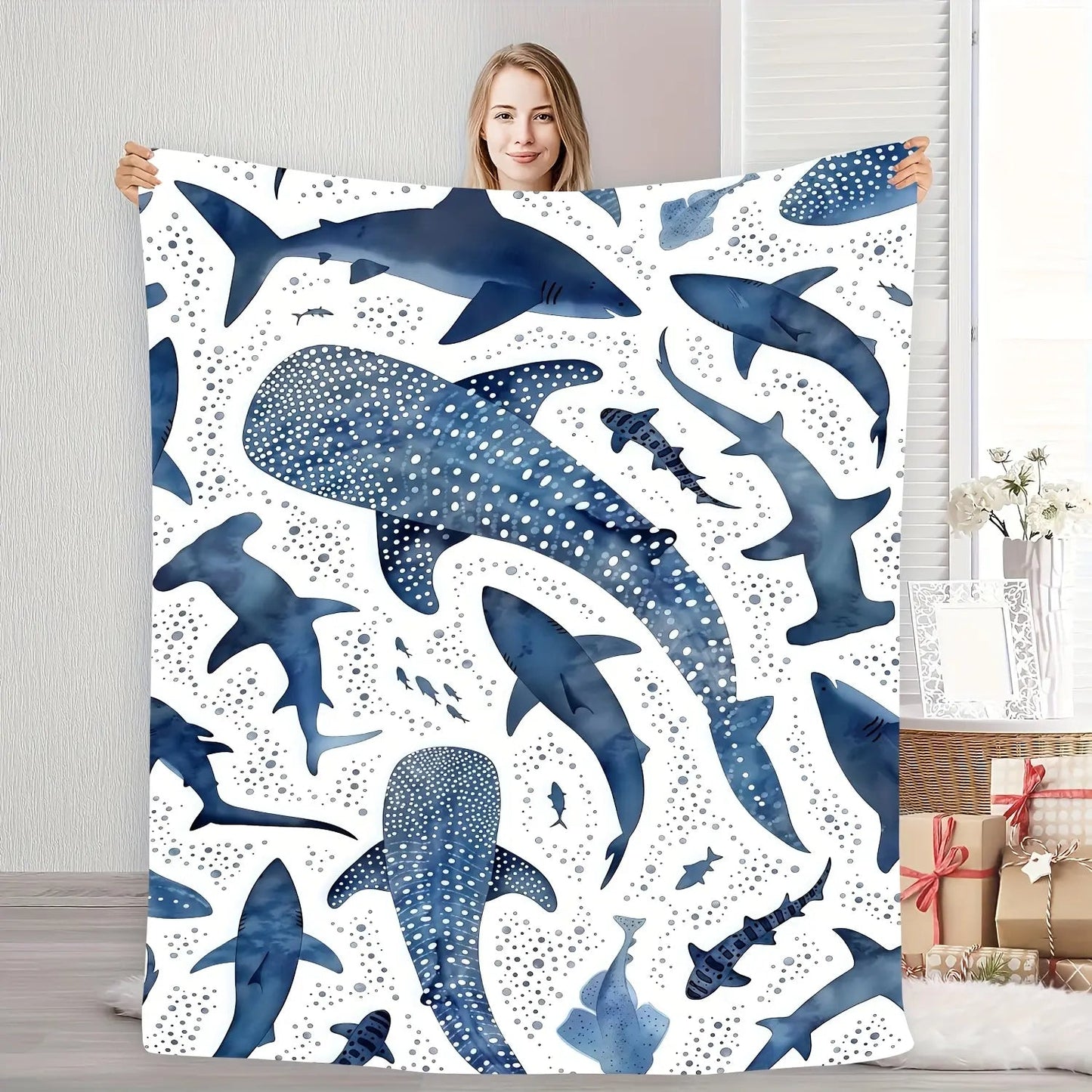 Romantic ocean style whale shark pattern warm blanket