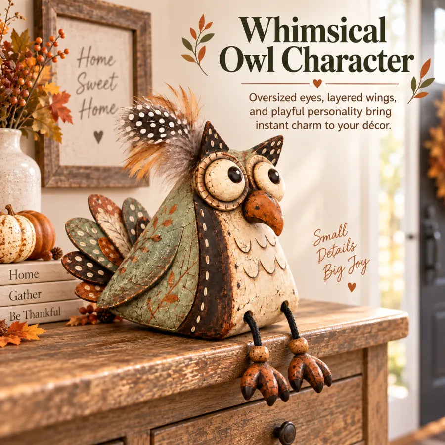 🍂 Rustic Owl Shelf Sitter Decor with Dangling Legs