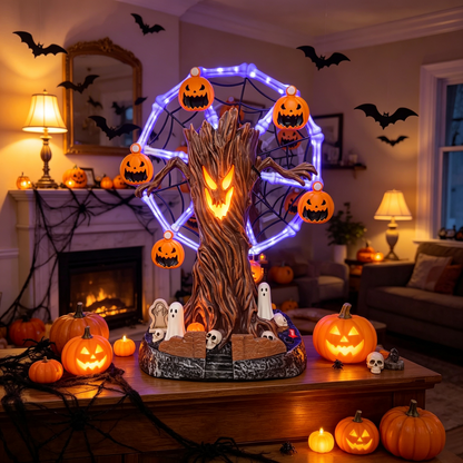 👻🎡 Animated Halloween Ghost Tree Ferris Wheel Table Decor with LED Lights – Spooky Pumpkin Carousel Display