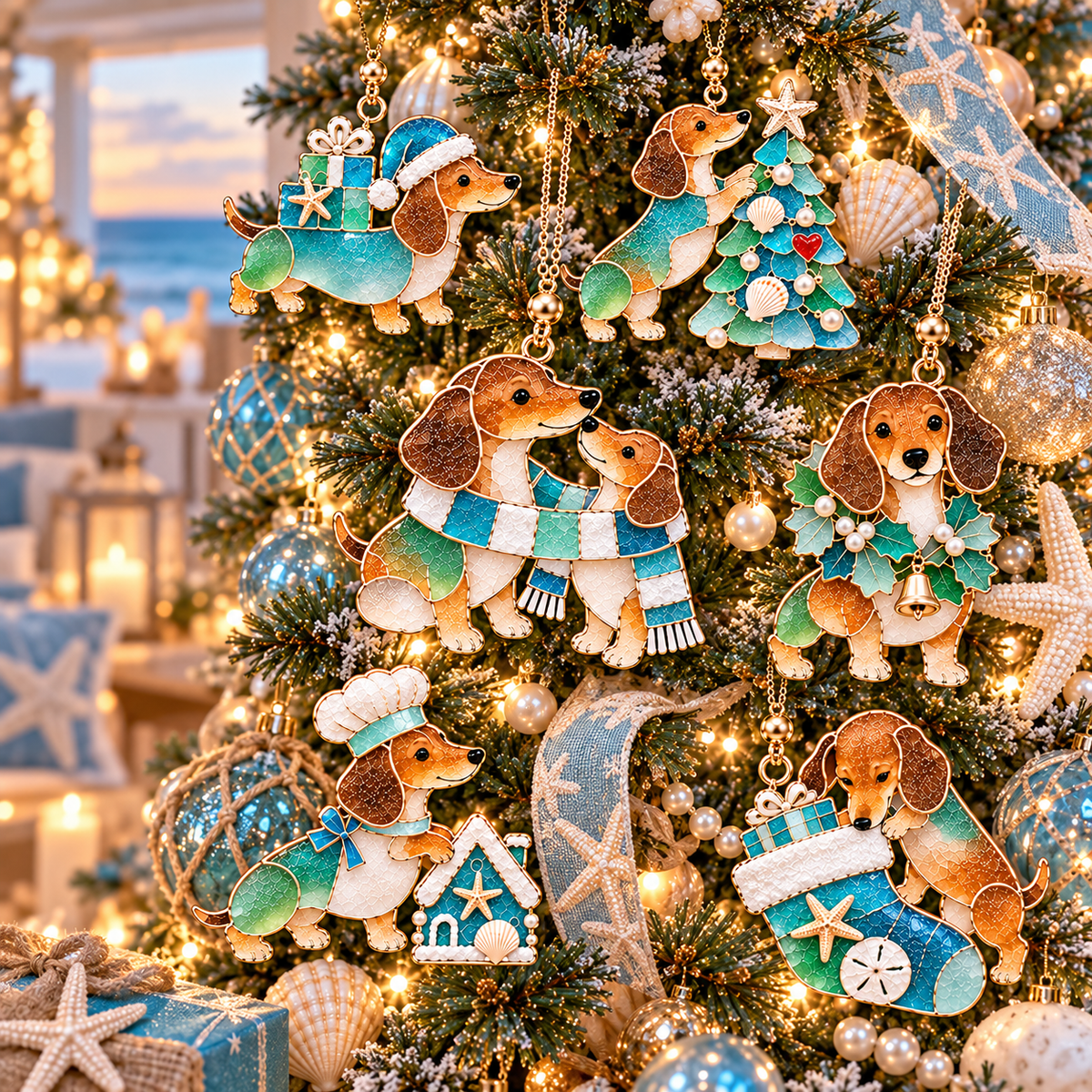⏰Coastal Christmas Dachshund Ornament Set – ✨6-Piece Stained Glass-Inspired Sea Glass Dog Christmas Tree Decorations, Gift for Dachshund Lovers
