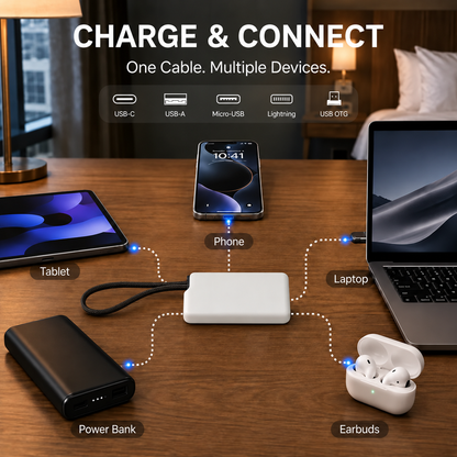 🔌 Pocket Travel Cable Kit – USB-C Cable, 3 Adapters, SIM/TF Storage & Phone Stand