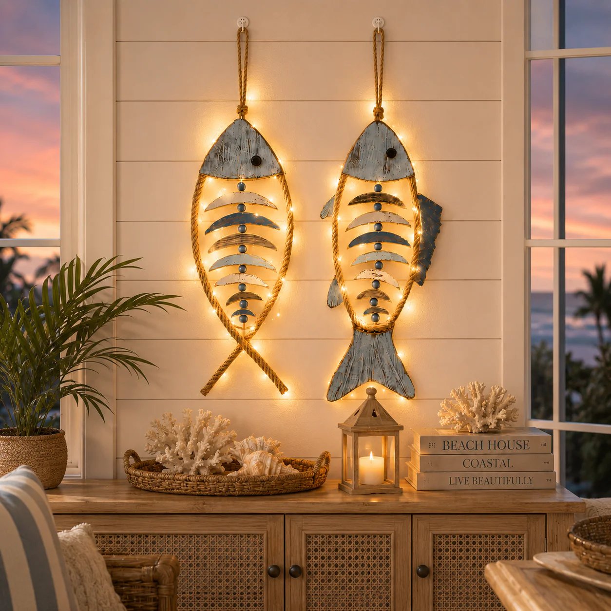 🎉🎉🐟✨ Lighted Coastal Rope Fish Wall Hanging