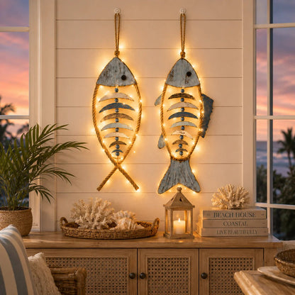 🎉🎉🐟✨ Lighted Coastal Rope Fish Wall Hanging