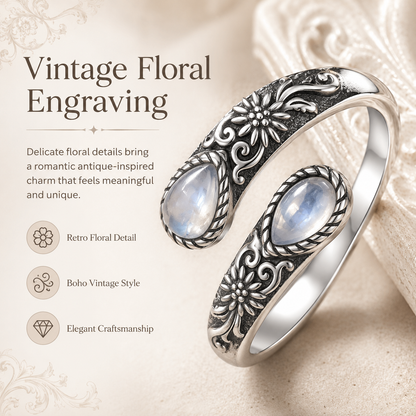 Moonstone Bloom Ring | Vintage Floral • Adjustable Open Band