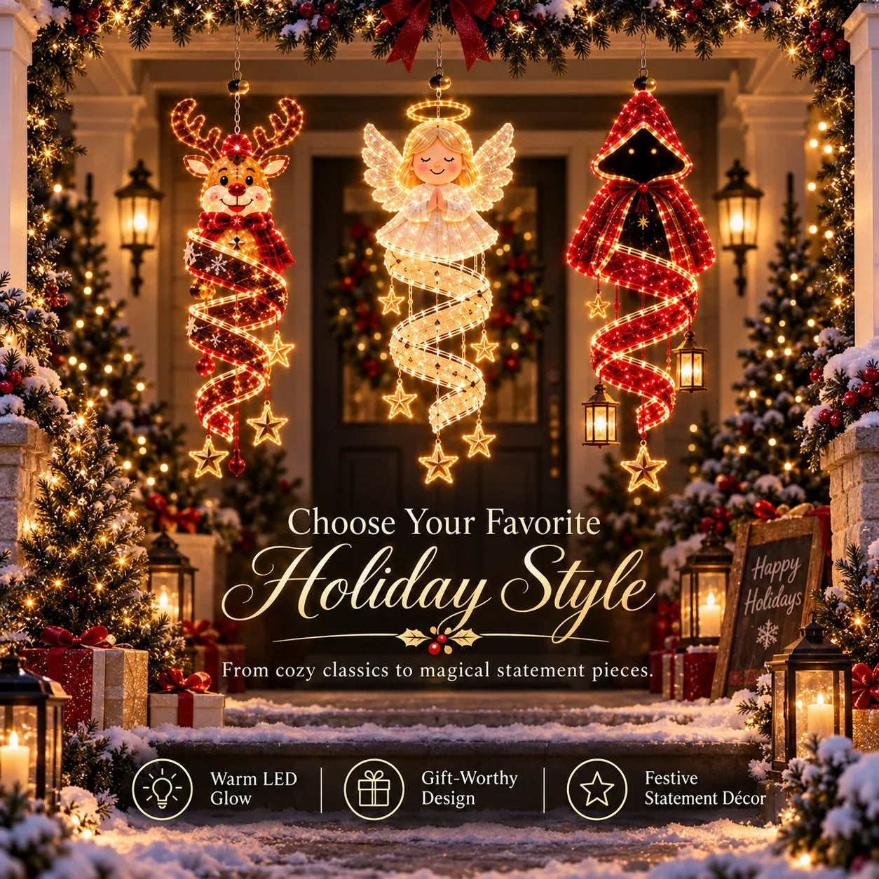 🎅Christmas Magic Spira Hanging LED Light Collection – 9 Festive Designs ✨ | Suspended Glowing Characters with Spiral Lights & Hanging Details for Porches, Windows, Entryways & Holiday Displays