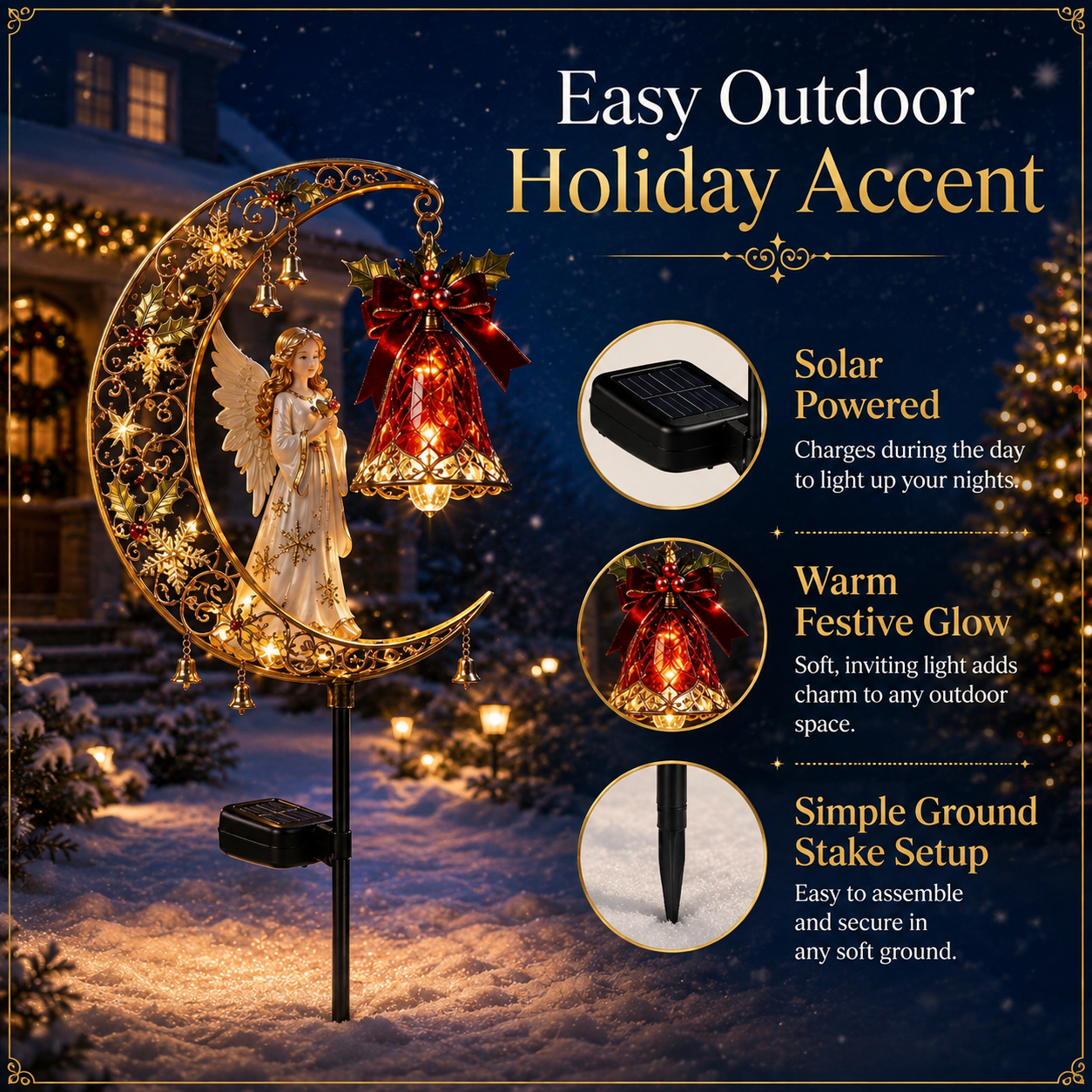Christmas Solar Crescent Moon Garden Stake Light – Cardinal, Angel & Nutcracke