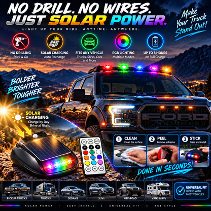🌈 Solar RGB Car Roof Strobe Lights –🚗 5-Pack Wireless No-Drill Cab Light Set
