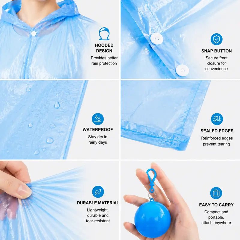Random Color Disposable Hooded Rain Poncho, Waterproof Coat with Keychain Ball ☔