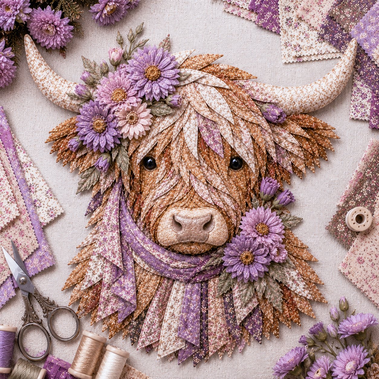 🐮Birth Flower Highland Cow 3D Layered Fabric Art DIY Kit (Beginner-friendly