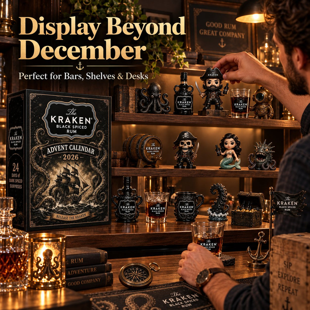 24-Day Kraken Rum Mini Bottle Advent Calendar Set for Holiday Bar Table Display, Rum Lover Collectible Gift, Christmas Countdown & Festive Decoration