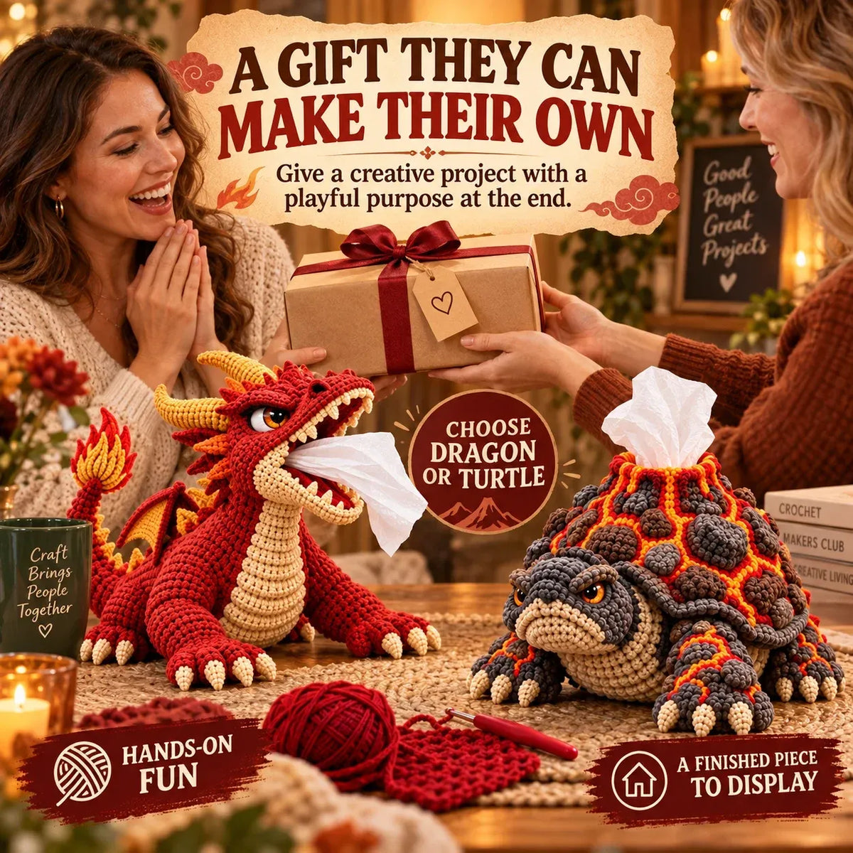 🐉 Fantasy Crochet Tissue Box Cover DIY Kit | Dragon or Lava Turtle Design with Functional Tissue Dispenser 🧶