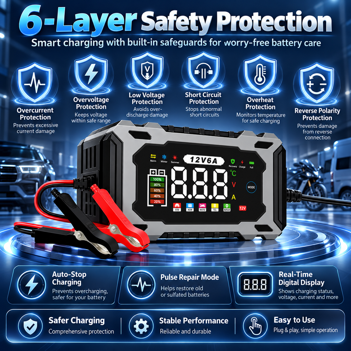 🔋 12V 6A Smart Battery Charger – Intelligent Car Battery Maintainer With LCD Display & Pulse Repair Mode