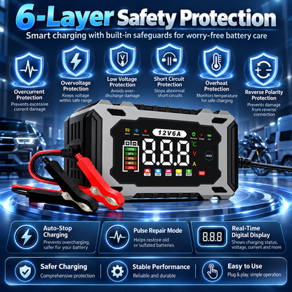 🔋 12V 6A Smart Battery Charger – Intelligent Car Battery Maintainer With LCD Display & Pulse Repair Mode