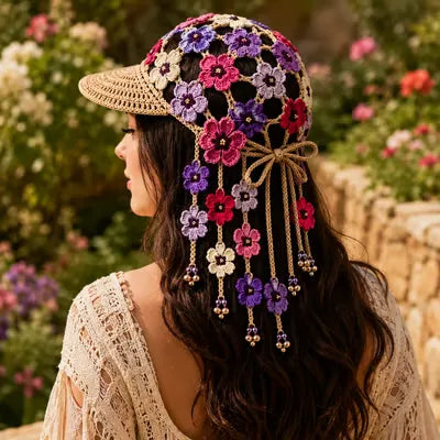 Handcrafted Floral Crochet Baseball Cap | Hollow-Out Knit Boho Hat with Hanging Tassels