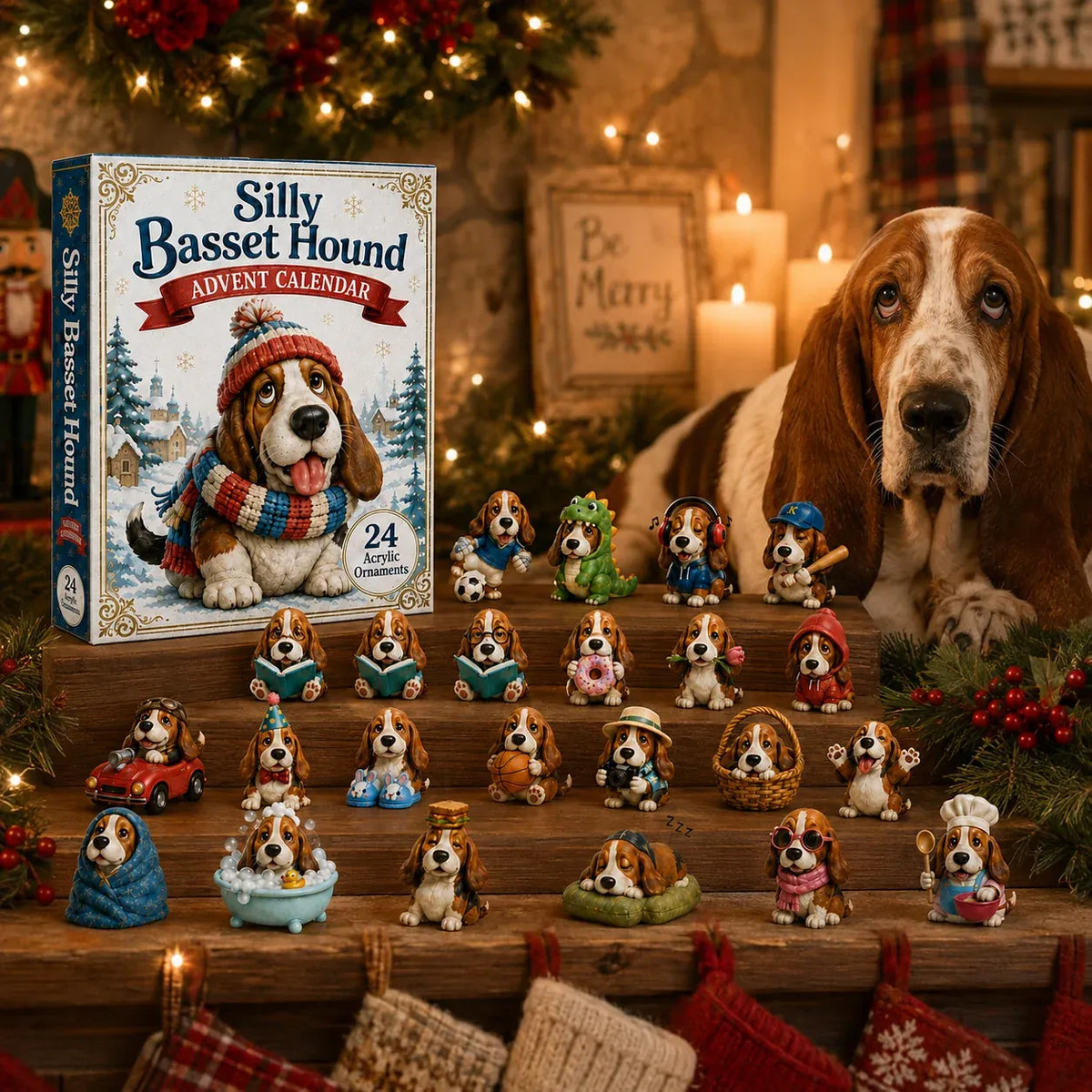 Basset Hound Advent Calendar surrounded by Christmas decorations