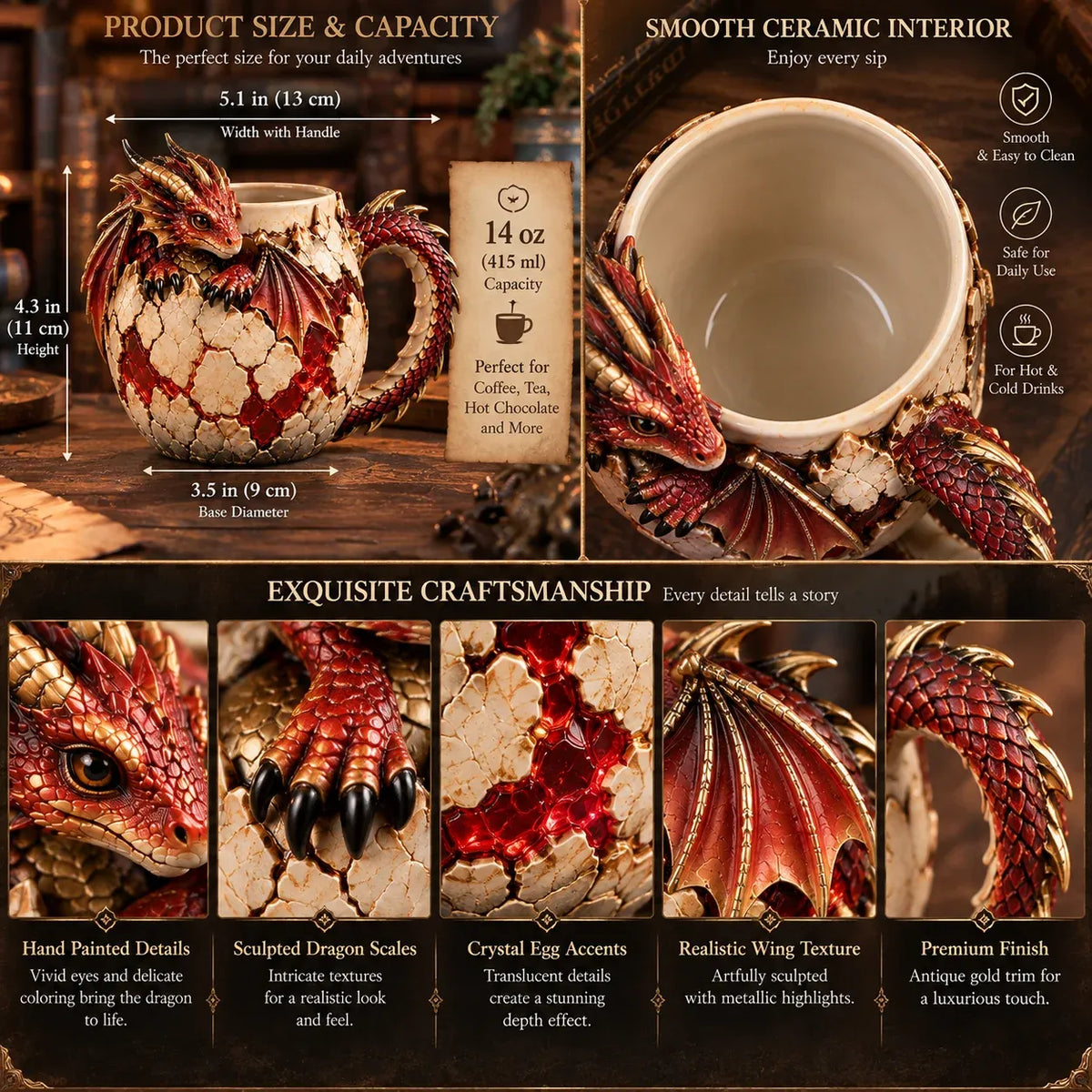 🐉 Dragonbound Realms™ Sculpted Dragon Mug Collection | 6 Fantasy Realm Designs with Raised 3D Dragon Details ☕