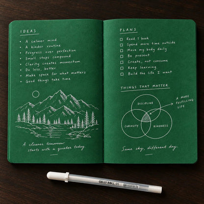 📖Deep Green Blank Notebook with White Gel Pen | Aesthetic Writing & Sketch Journal