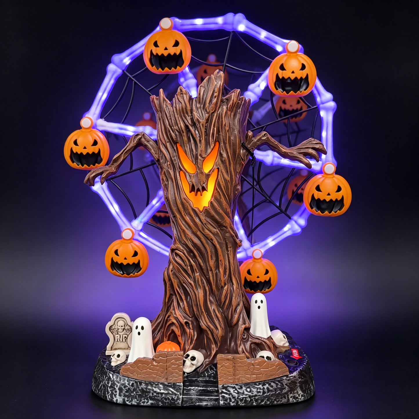 👻🎡 Animated Halloween Ghost Tree Ferris Wheel Table Decor with LED Lights – Spooky Pumpkin Carousel Display