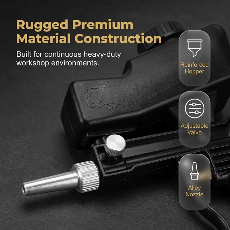 Sandblasting gun reinforced hopper adjustable valve and metal nozzle