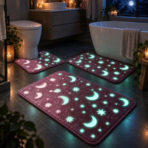 🌙 Glow-in-the-Dark Moon & Star Bathroom Mat Set – 3 Piece Plush Set