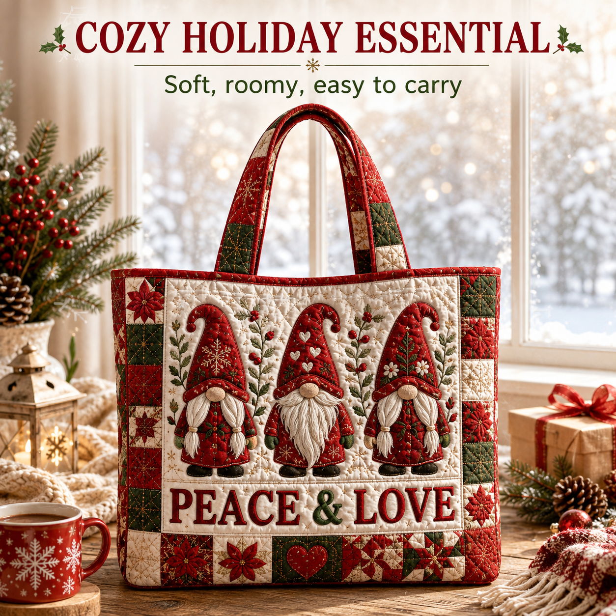 🎄 Quilted Christmas Shoulder Tote Bag – Festive Holiday Shopping Bag 🎁