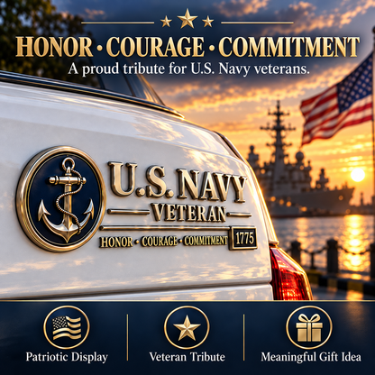 U.S. Navy Veteran Metal Car Emblem – 3D Adhesive Badge, No-Drill Military-Inspired Car & Truck Decoration
