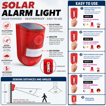 🚨 129dB Solar Motion Sensor Alarm – Loud Siren & Flashing LED Security Alert