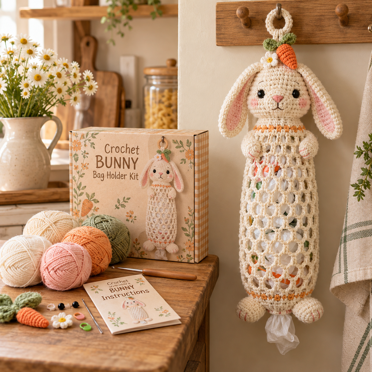🔥LAST DAY 49% OFF – 🌼 Cottage Harvest Keepers™ — Crochet Animal Bag Holder DIY Kit | 11 Adorable Designs