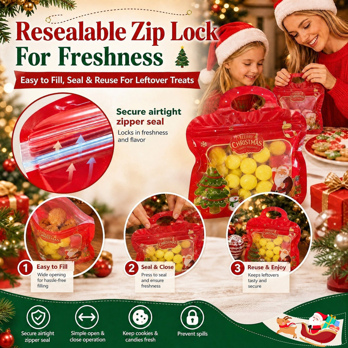 🎅LAST DAY SALE 60% OFF!!🎁Easy Fill, Easy Seal🎄 Festive Self-Seal Treat Bags – Santa & Snowman Print | Resealable, Food-Safe & Perfect for Cookies, Chocolates & Little Gifts⛄