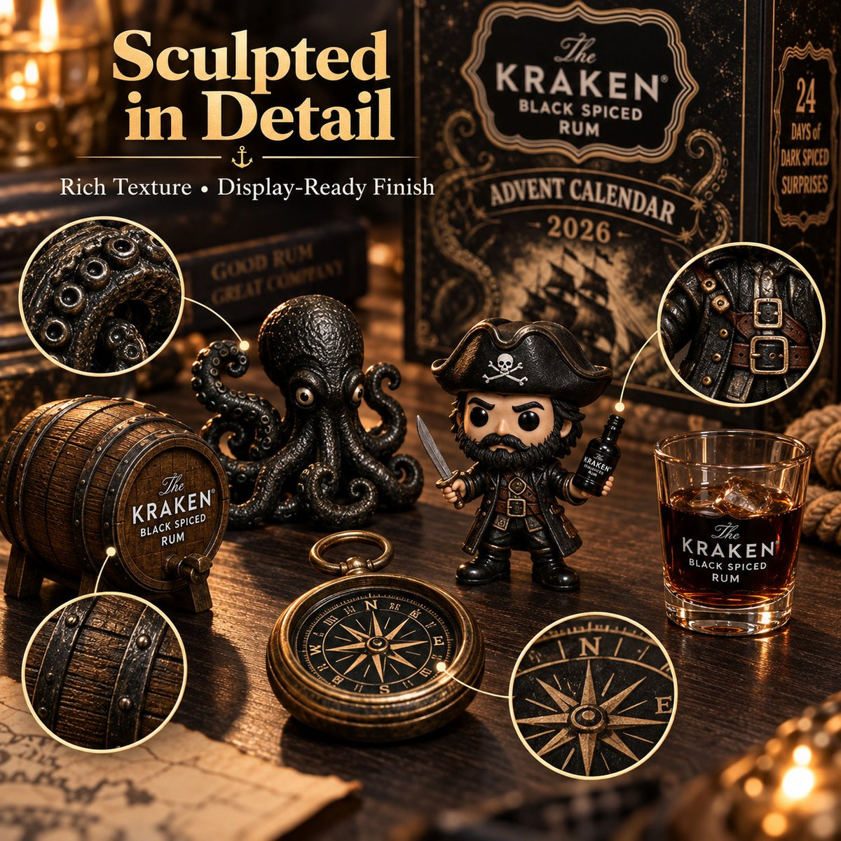 24-Day Kraken Rum Mini Bottle Advent Calendar Set for Holiday Bar Table Display, Rum Lover Collectible Gift, Christmas Countdown & Festive Decoration