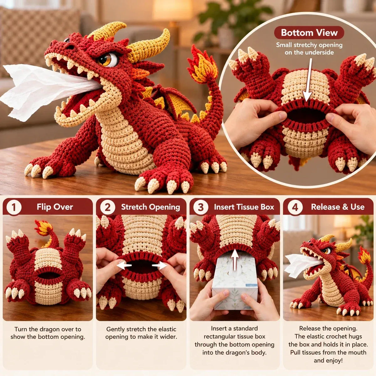 🐉 Fantasy Crochet Tissue Box Cover DIY Kit | Dragon or Lava Turtle Design with Functional Tissue Dispenser 🧶