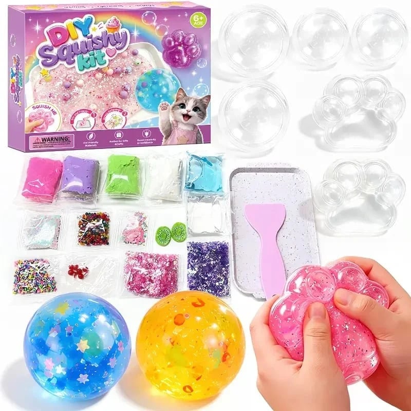 Kawaii DIY Cat Paw Squishy Kit, Make Your Own Mochi Squishy Stress Relief Fidget Toy, ASMR Sensory Craft Kit, Birthday Holiday Gift