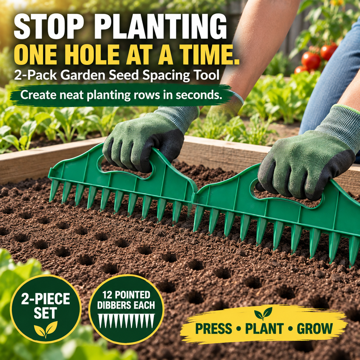 Two piece garden seed spacing tool in raised bed