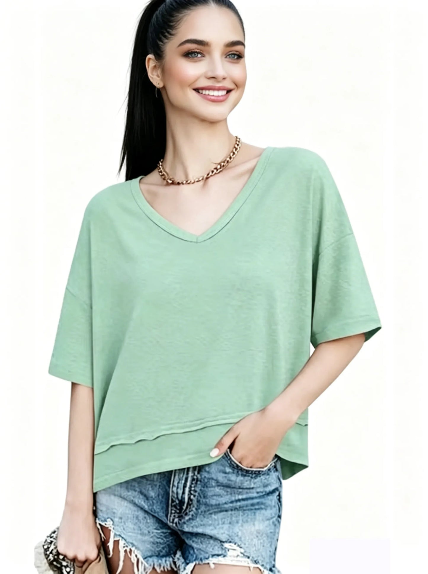 Women's V-neck Mid-length Sleeve Spliced Hem Basic Top