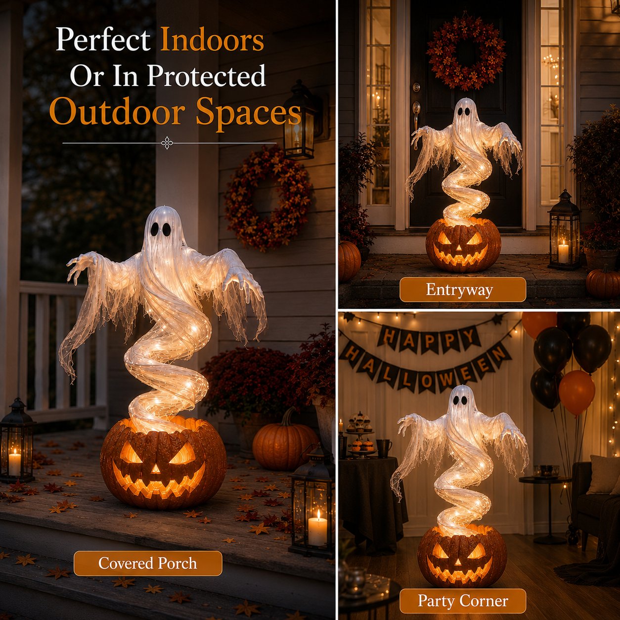 👻 Swirling Ghost Pumpkin Yard Lamp – Lighted Halloween Porch Decor 🎃
