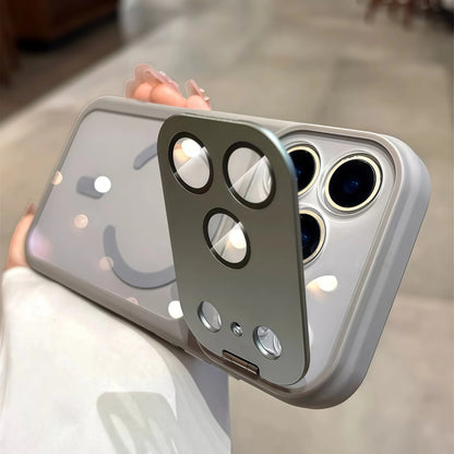 Magnetic case with skin-friendly finish and integrated camera-lens kickstand for iPhone 17 ProMax