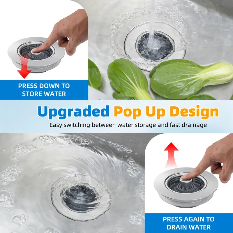 🚰 3-in-1 Stainless Steel Sink Strainer & Pop-Up Stopper – Removable Basket for 3½″ Drains ✨