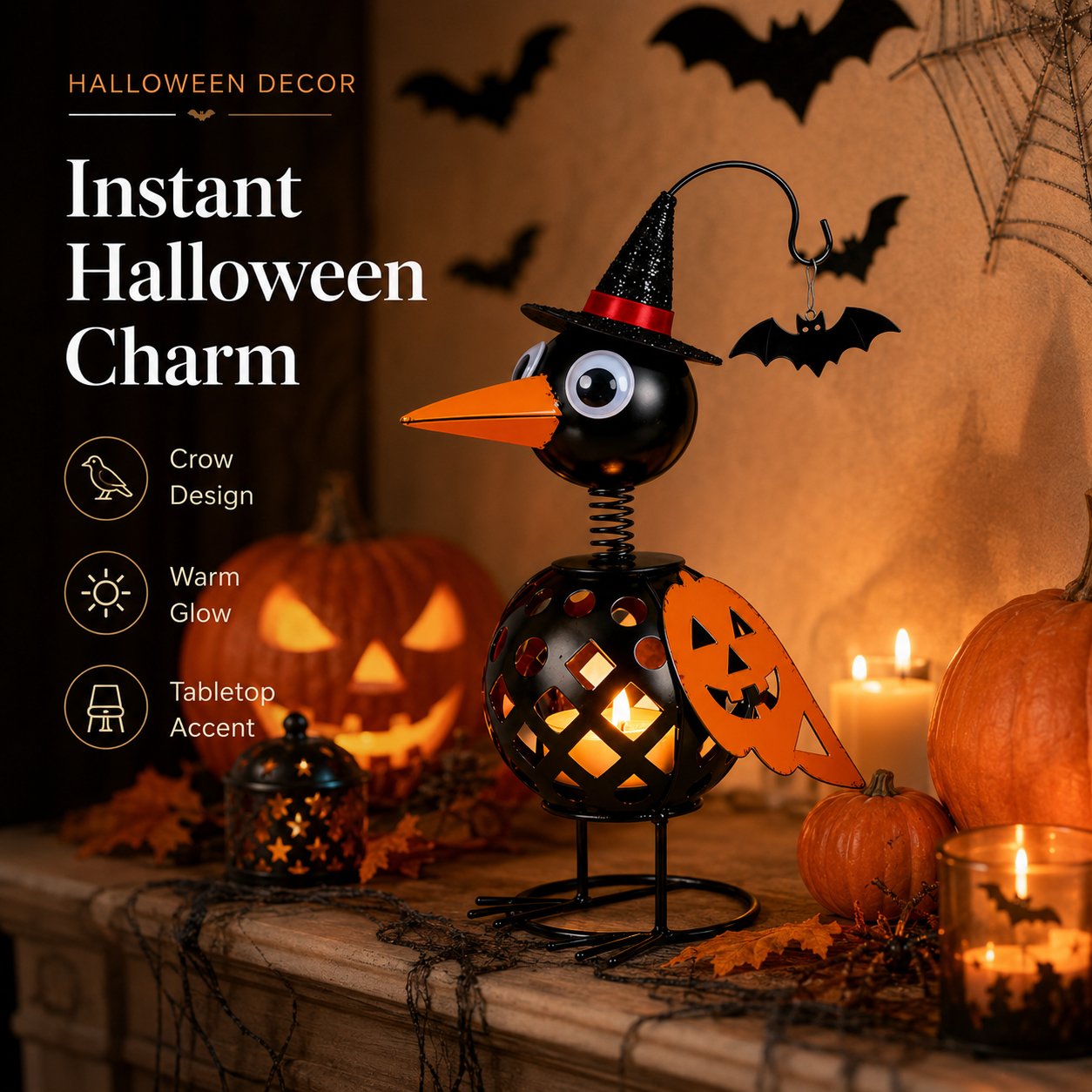 Whimsical Halloween Pumpkin Crow